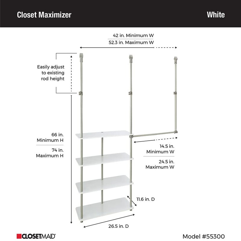 ClosetMaidÂ® Maximizerâ„¢ Closet Accessory, Add Adjustable Storage Space, 4 Shelves, Double Hang Rod, Tool Free, Add On Unit, White - Image 5